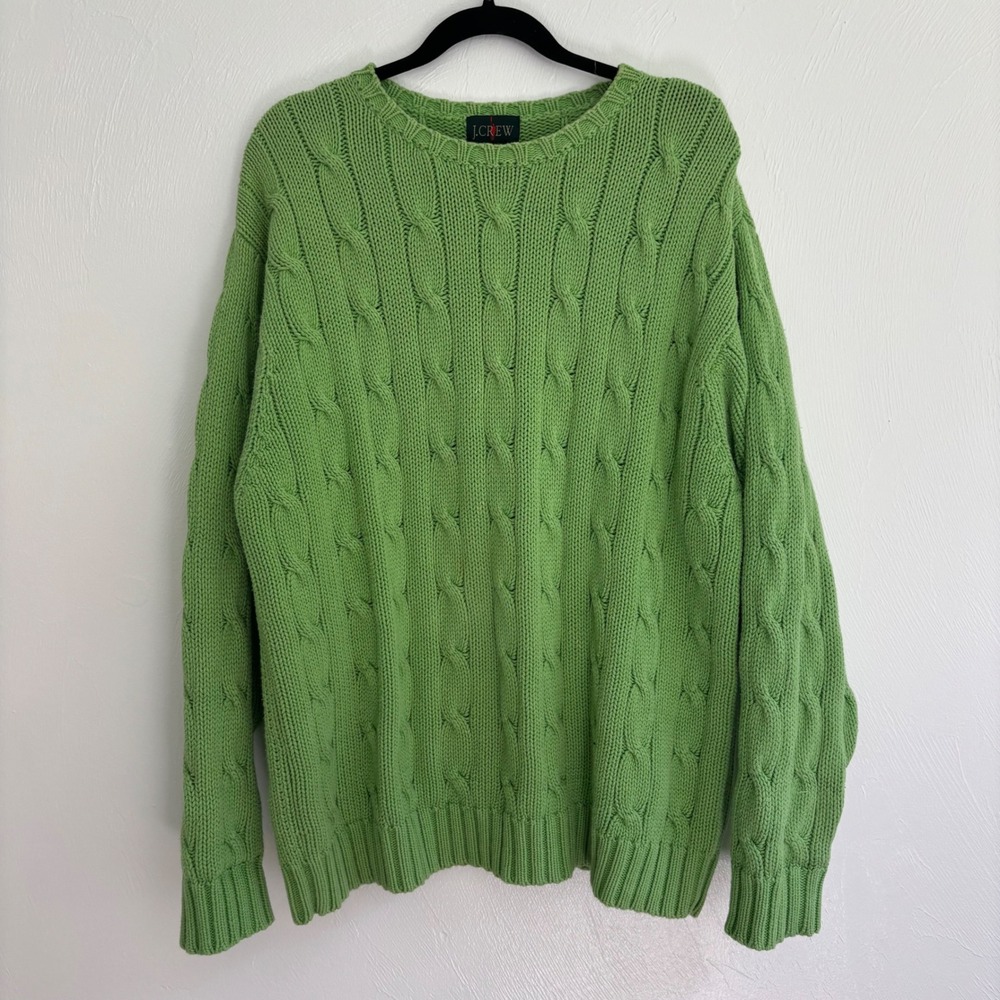 Vintage J.Crew Men's Green Cable Knit Sweater XL Cotton 90s Y2K Crewneck